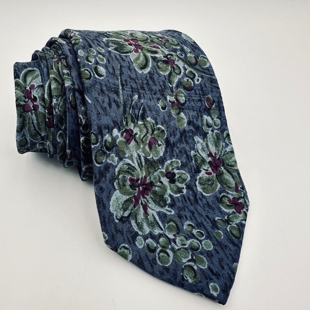 Gitman Bros McLavy Easterly Mens Necktie Blue Green Floral Silk Made USA Vintage